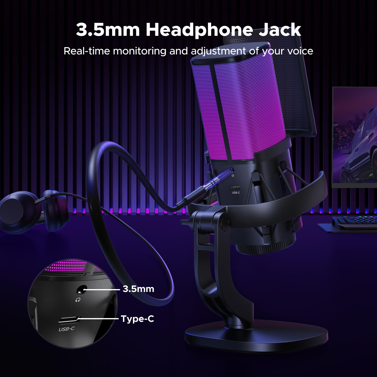 Mikrofon do gier USB do przesyłania strumieniowego i czatu głosowego, mikrofon pojemnościowy 24 bity/96 kHz z szybkim wyciszeniem, monitorowaniem zerowym opóźnieniem, filtrem pop, mocowaniem