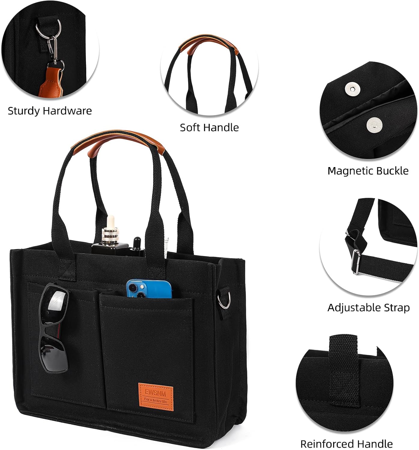 Canvas Tote Bag for Women, Large Laptop Travel Tote Handbag Totes with Crossbody Shoulder Teachers Reusable Grocery Bags - Image 5