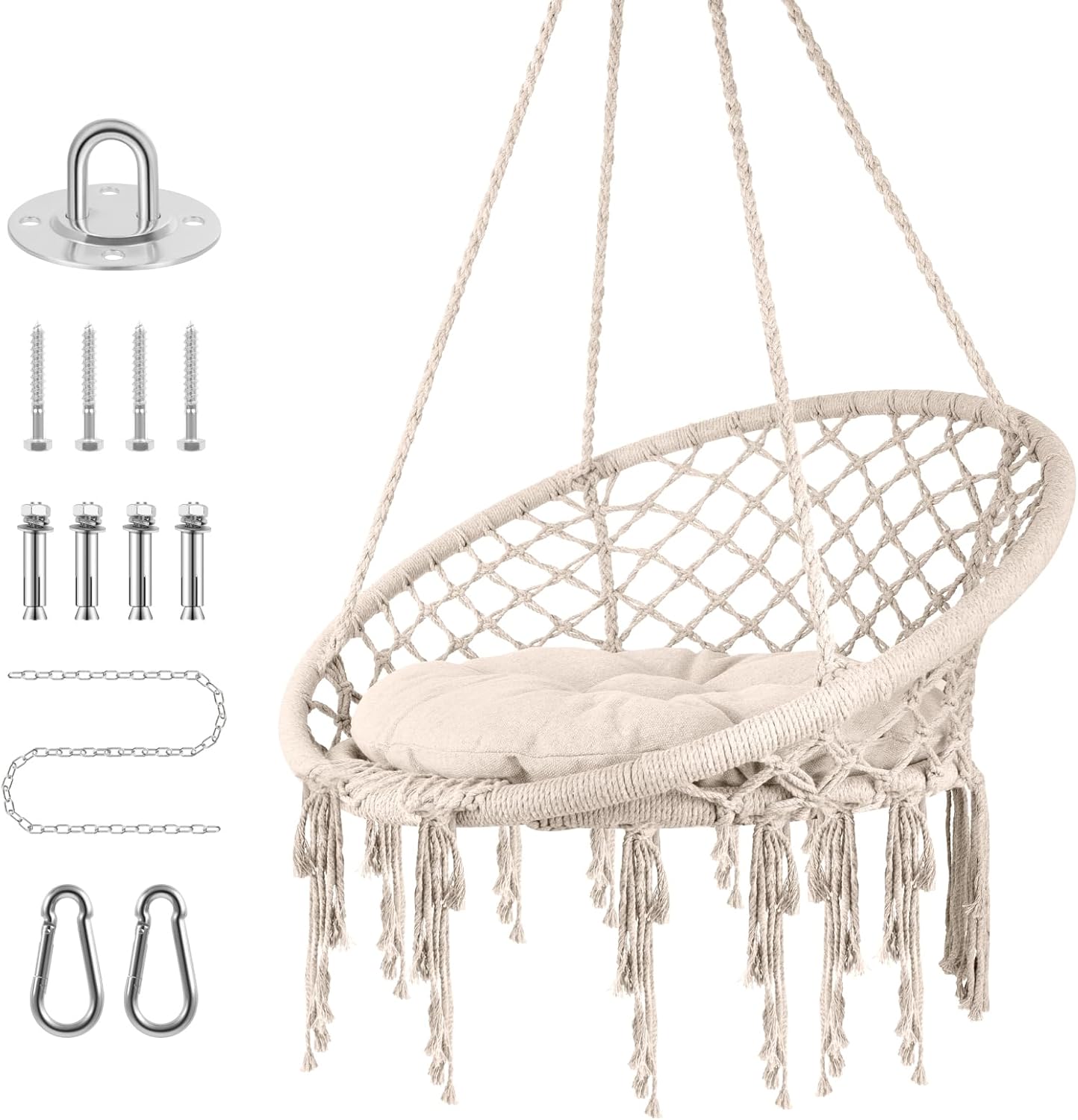 Hammock Swing Chair,330LBS Hanging Swinging Chair,Soft Cotton Rope Swing Chair with Cushion and Hardware Kits for Indoor Outdoor (Beige)