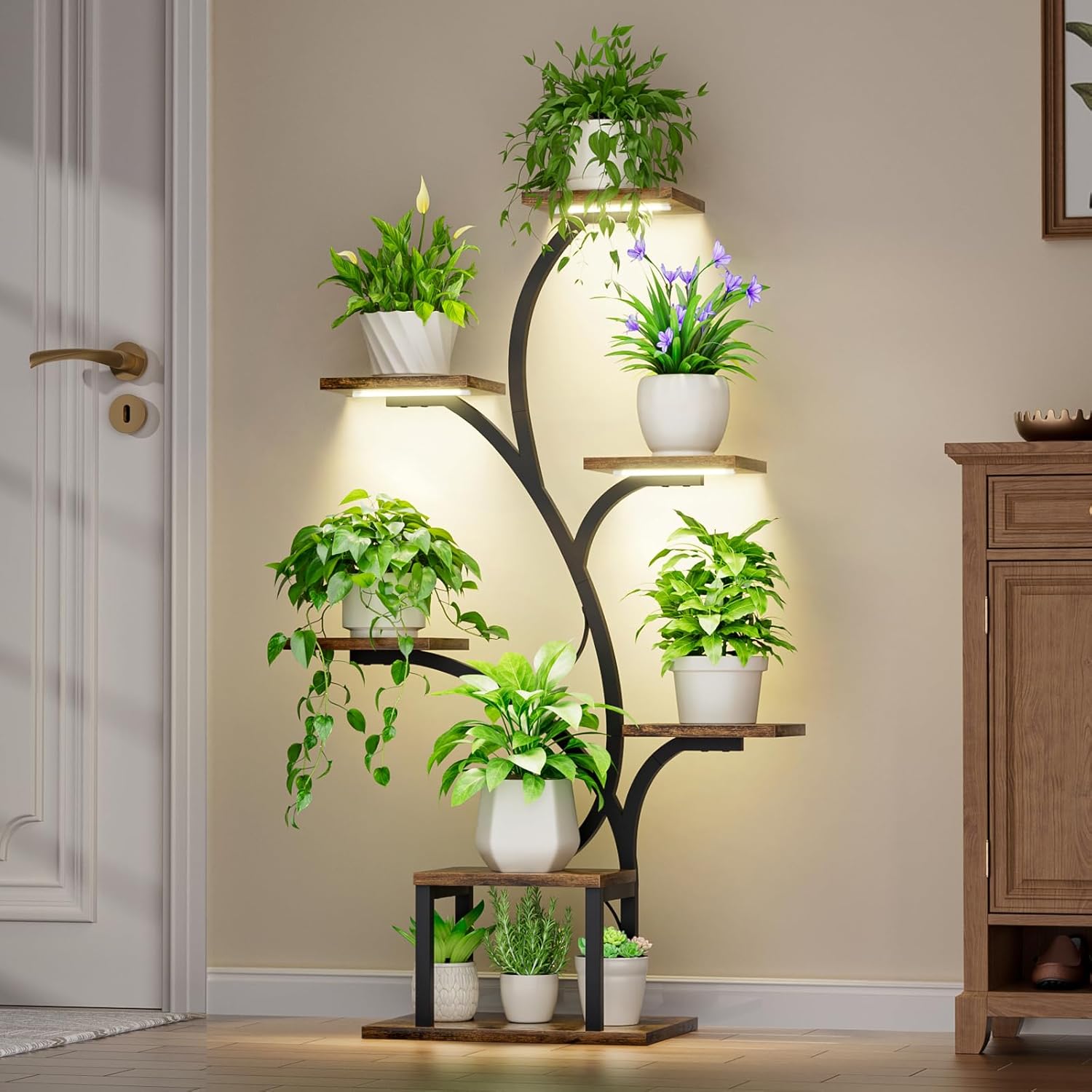 7-Tier Indoor Plant Stand with Grow Lights, 49" Corner Shelf