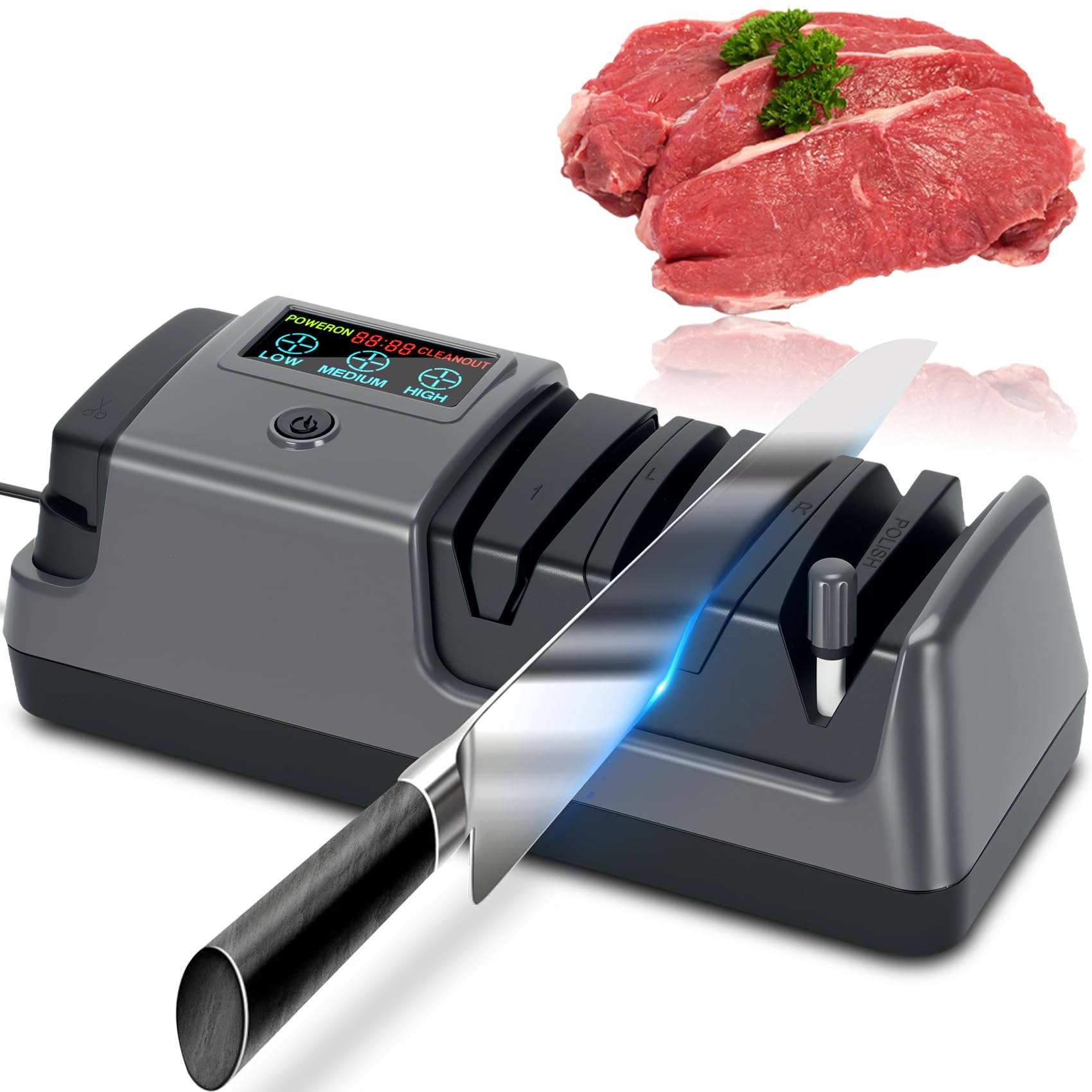 5 in 1 Electric Knife Sharpener with LCD Screen, 3 Rotational Speed Adjustable, 100% Diamond Abrasives, Electric Knife Sharpener for Straight, Serrated, Meat Cleaver, Ceramic Knives & Scissors, Gray