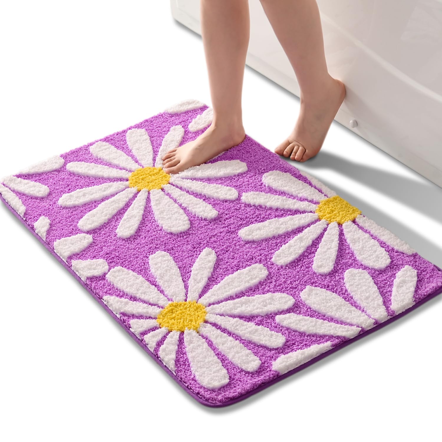 QJHOMO Purple Bathroom Rugs Cute Daisy Bath Mat White and Yellow Flower Decor Rug Non Slip Floor Carpet Microfiber Bathmat Super Absorbent Machine