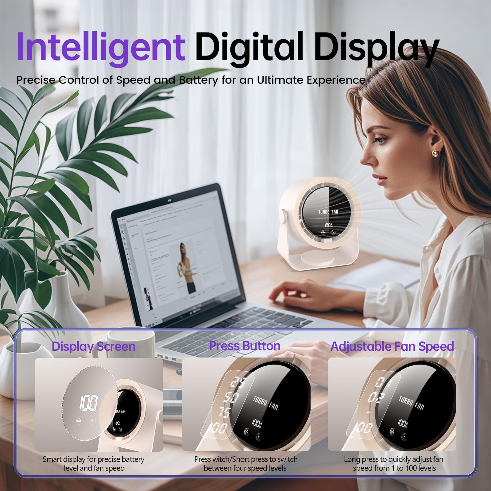 WSKEN Desk Fan with Battery Operated, Quiet Digital Réunion