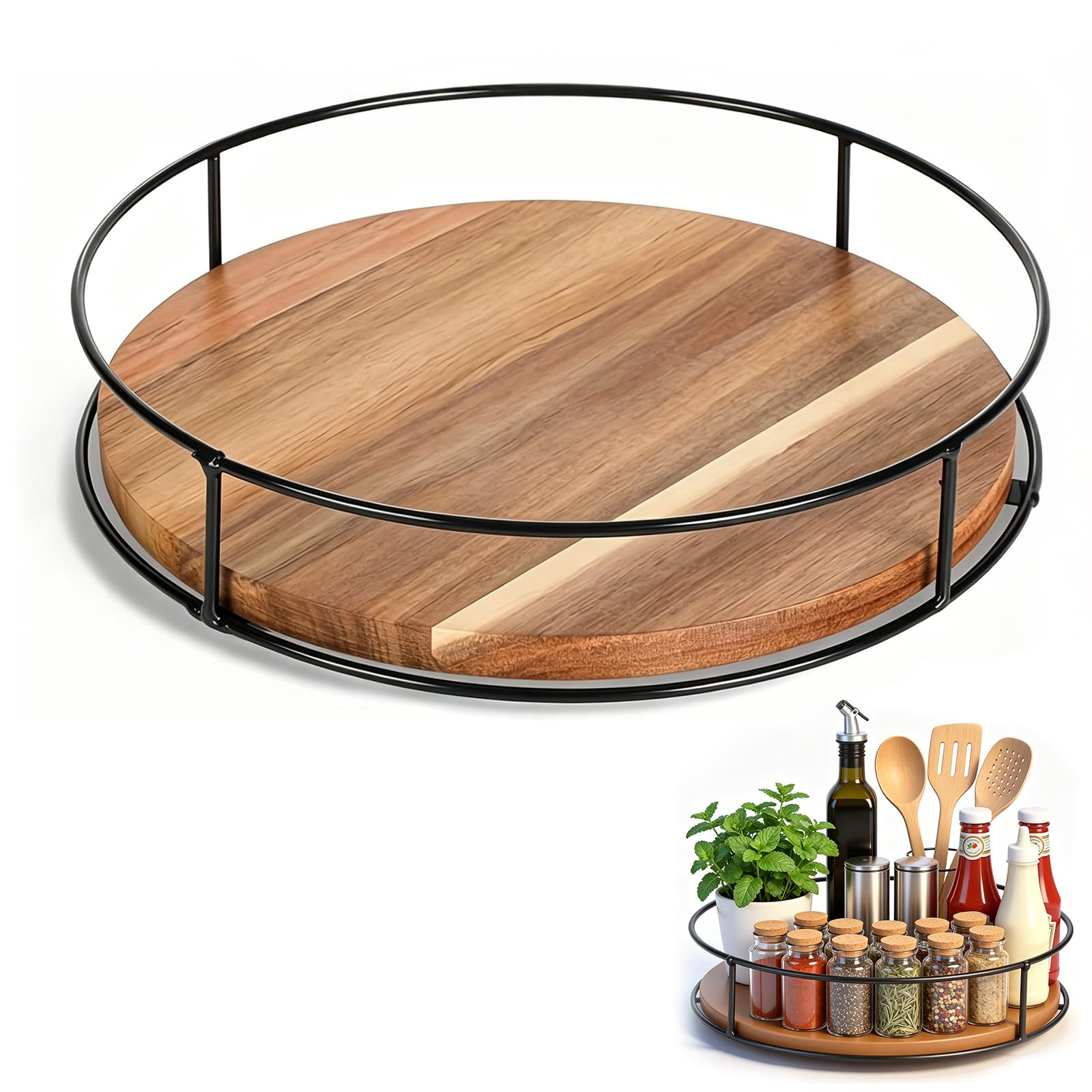 BlackQuill Lazy Susan Turntable Organiser, 9" Rotating Wooden Spice Rack, Kitchen Cabinet Cupboard & Worktop Storage Organiser with Anti-Slip Base for Pantry Dining Table Home Decor