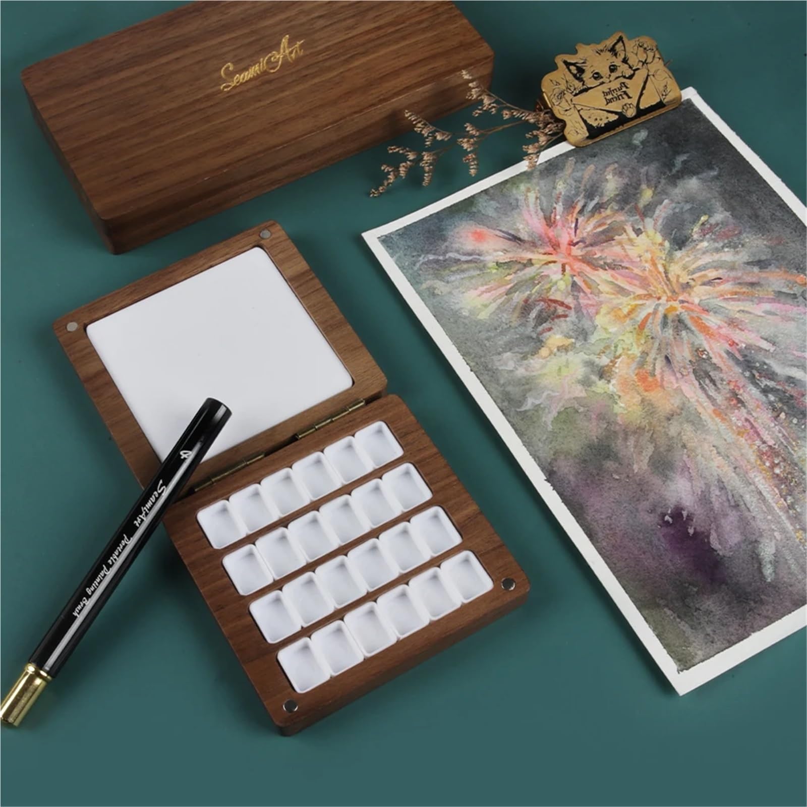 Taca do mieszania farb, Zestaw palet do mieszania farb akwarelowych z pudełkiem paletą czarnego orzecha i półmiskami o pojemności 0,5 ml(Wooden Box Set)