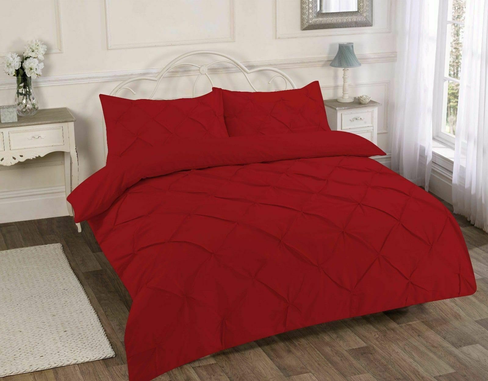 Alexander Pintuck Comforter Set Single, 2Pcs Luxurious Pleated Diamonds Pattern Design Duvet Cover Set Bed Covers Sophisticated Bed Linen (Red, Single)