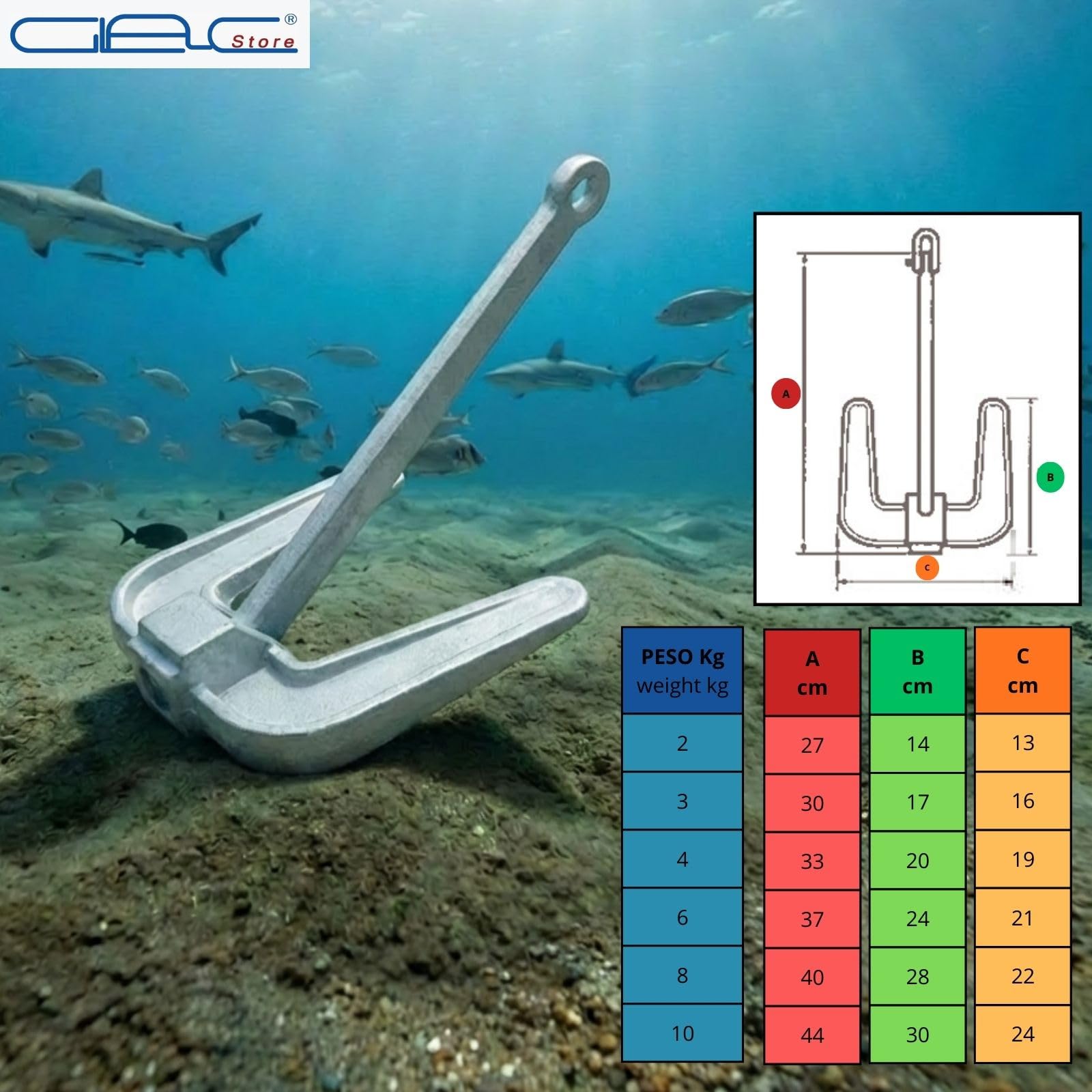 Ancora Hall in Ghisa Zincata a Caldo con Cima Galleggiante 30m e Moschettone Inox Inclusi – Ceppo Mobile per Barca e Gommone – Sabbia e Fango – 2Kg 3Kg 4Kg 6Kg 8Kg10Kg