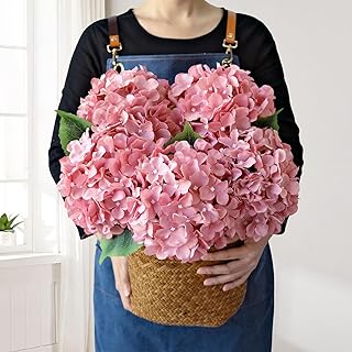 5Pcs 20Inch Large Pink Silk Hydrangea, Cameo Brown Lifelike Artificial Flower Heads with Stems Fake Hydrangeas Flowers for DIY Wedding Baby Showers Centerpiece Home Decor