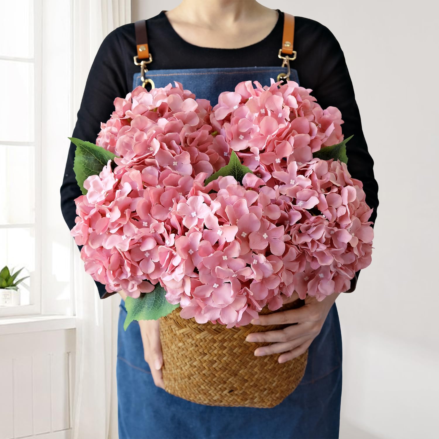5Pcs 20Inch Large Pink Silk Hydrangea Cameo Brown Lifelike Artificial Flower Heads with Stems Fake Hydrangeas Flowers for