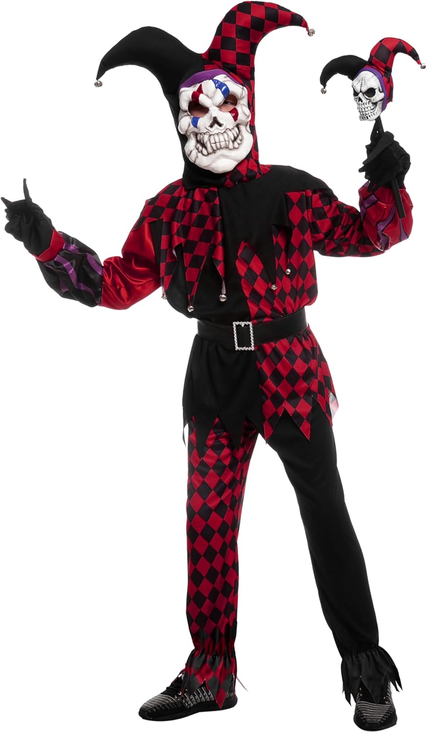 Spooktacular Creations Halloween Clown Costume, White Black Jester Clown Costume For Kids Halloween Dress Up Party Red Large(10-12 yr)