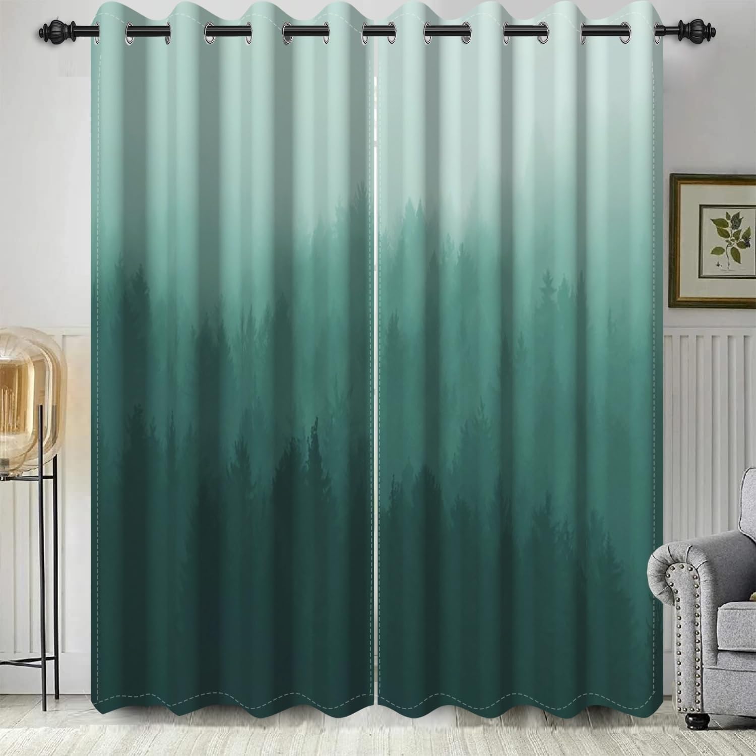 Misty Forest Curtains Foggy Woodland Green Pine Trees Thermal Insulated Modern Artistic Blackout Window Treatment Drapes for Living Room Bedroom Sets of 2 Panels, 21x45 inches