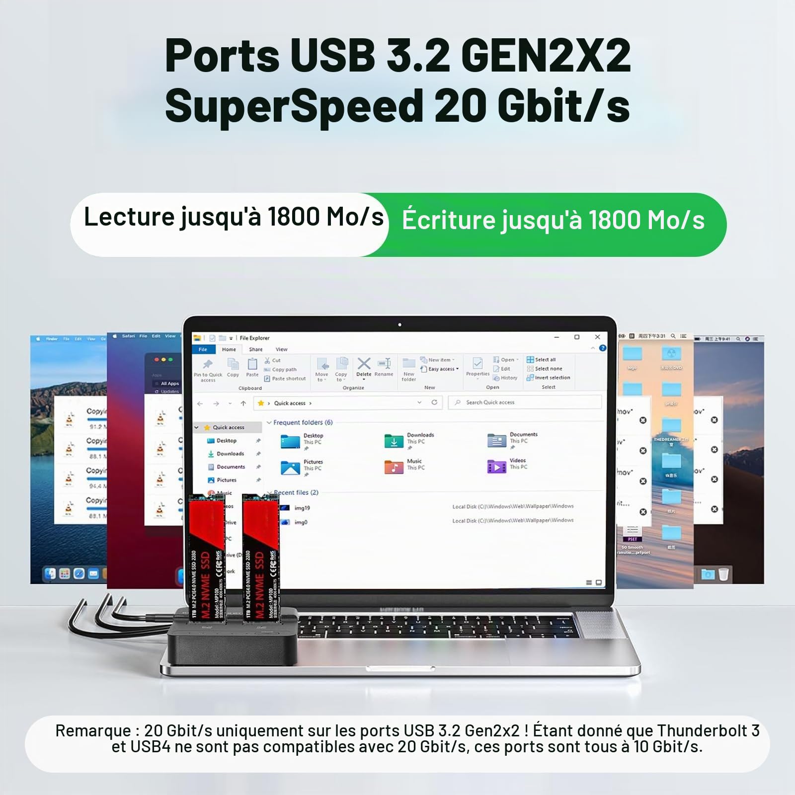 Station d'accueil pour disques durs Dual Bay NVMe M.2 SSD 20 Gbit/s USB 3.2 Gen 2 x 2 avec clonage hors ligne, adaptateur M.2 NVMe SSD sans outil pour SSD M Key/B+M Key