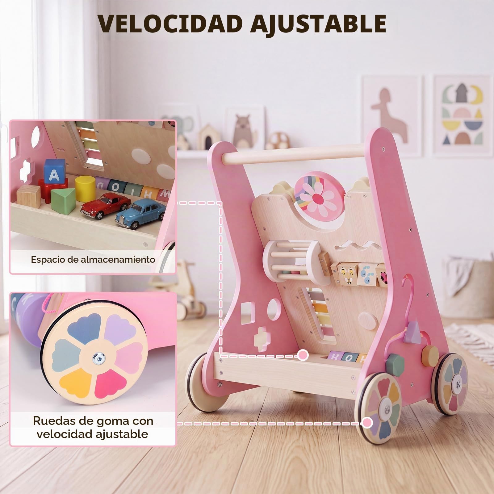 Andador Bebes Montessori,Caminador Bebe de Madera,Juguetes Bebe 1 Año,Rosa