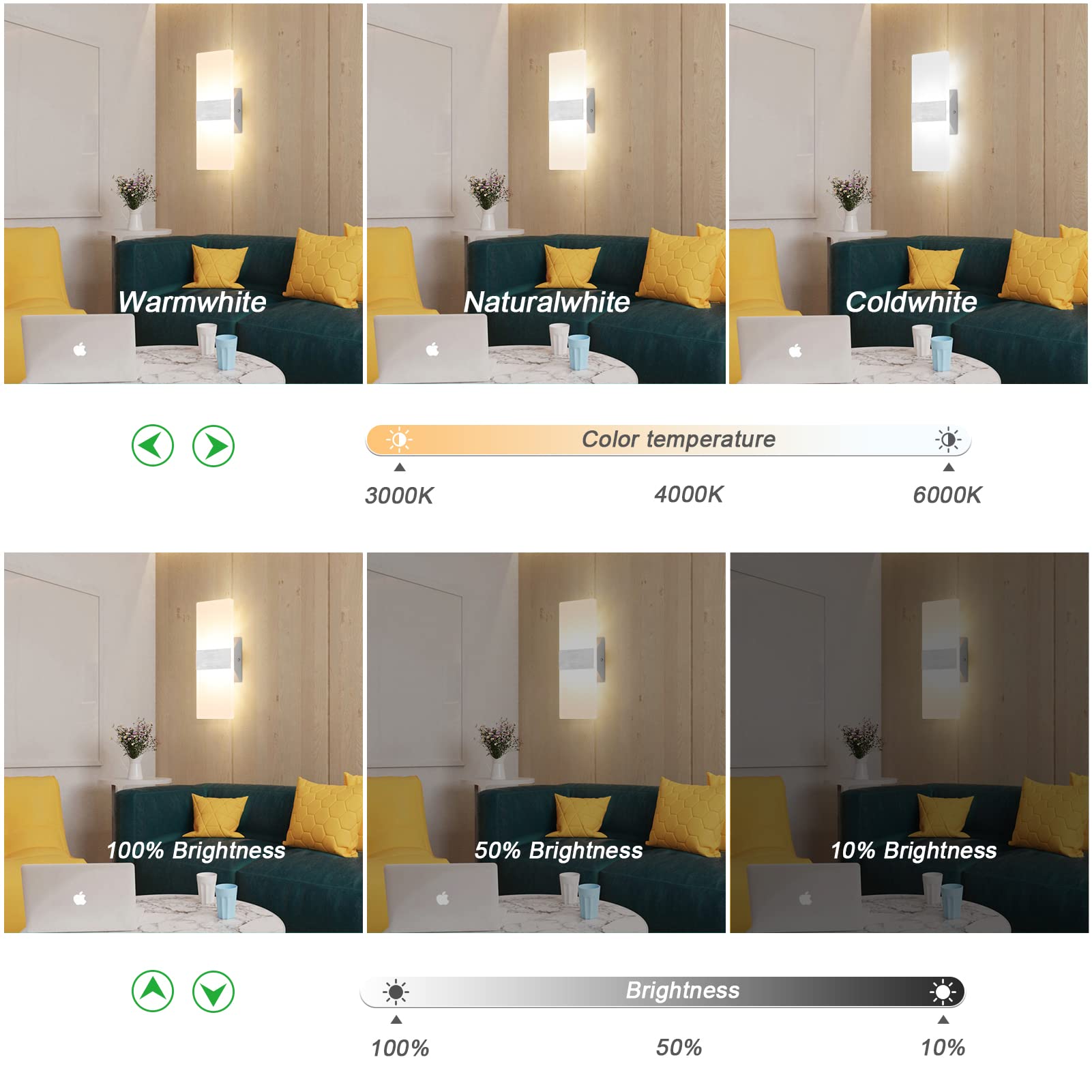 Klighten 2PCS Lampada da parete per interni a LED dimmerabile con telecomando 12W Applique da Parete Up down in argento spazzolato 3000K-6000K Bianco caldo/Bianco freddo