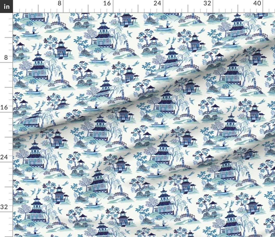 Spoonflower Fabric - Chinoiserie Tea House Asian Art Chinese Motifs Scenic Landscape Printed on Petal Cotton Fabric Fat Quarter - Sewing Quilting Apparel Crafts Decor