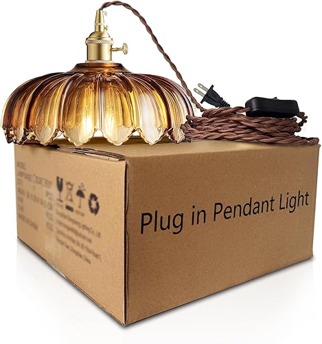 Miniatura 2 de Lámpara colgante enchufable: Lámpara colgante de vidrio ámbar enchufable, cable de lámpara de swag de 14.7 pies con interruptor de encendido/apagado