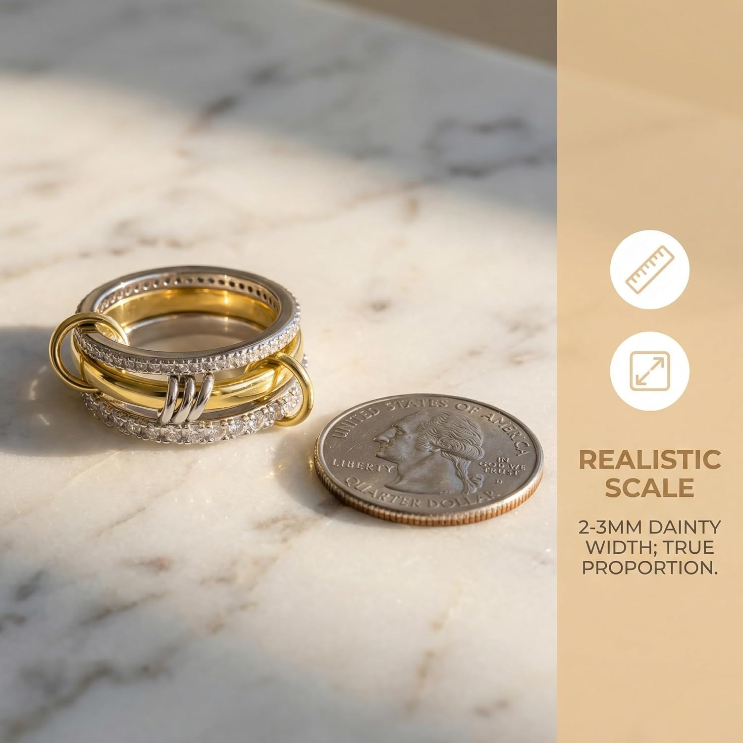 18K Gold Plated Stackable Rings for Women Non Tarnish, Sterling Silver Interlocking Ring Set with Cubic Zirconia, Hypoallergenic Mixed Metal Rings, Dainty Daily Wear Gift Jewelry for Anniversary - Image 3