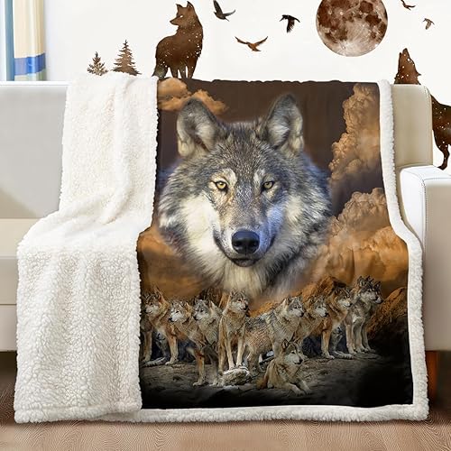 Sleepwish Manta de vellón de lobo indio, manta sherpa de felpa de lobo nativo americano, acogedora y cálida manta de felpa para cama, sofá, silla,