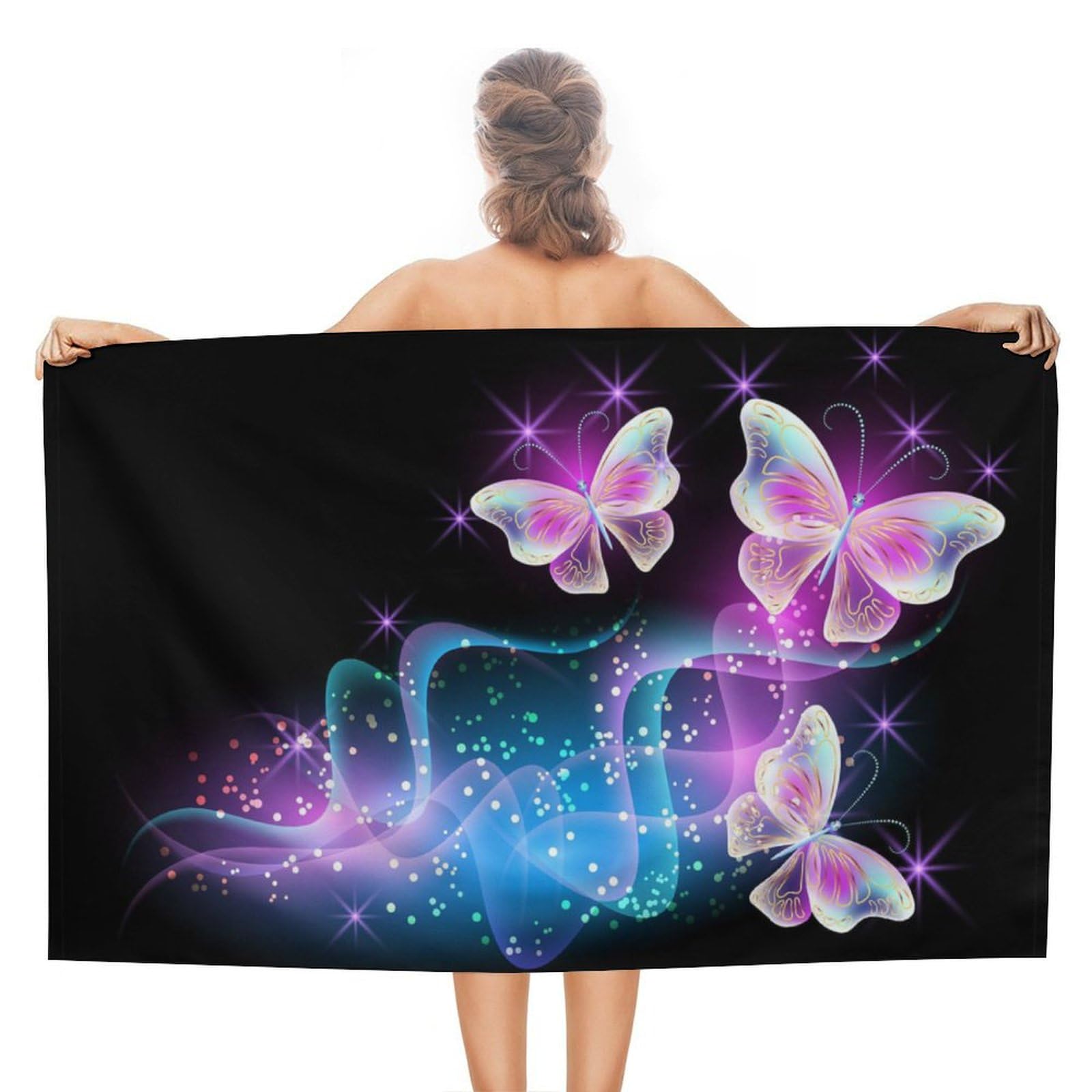 LEDFCVSU Beach Towel, Glowing Night Pink Butterflies Bath Towel, Absorbent Towel for Swimming, Sports, Travel