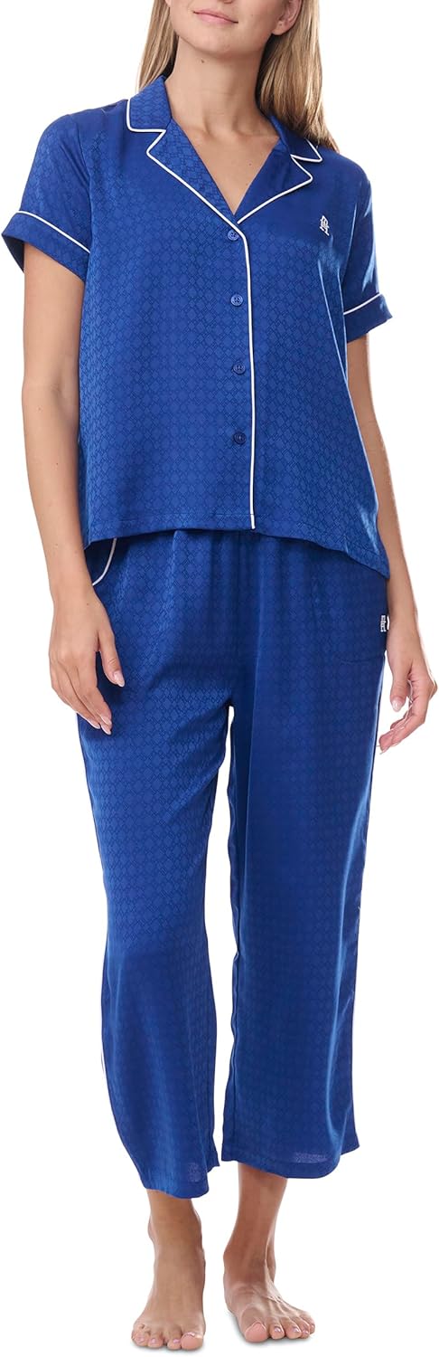 Tommy Hilfiger Women's Short Sleeve Notch Top and Cropped Pant Pajama Set