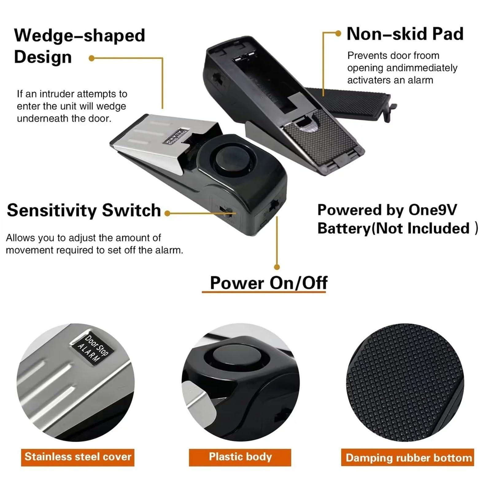 Tope Para Puerta Con Alarma Bloqueador de puerta cuña Alarma parada seguridad(1Pc Without Battery)