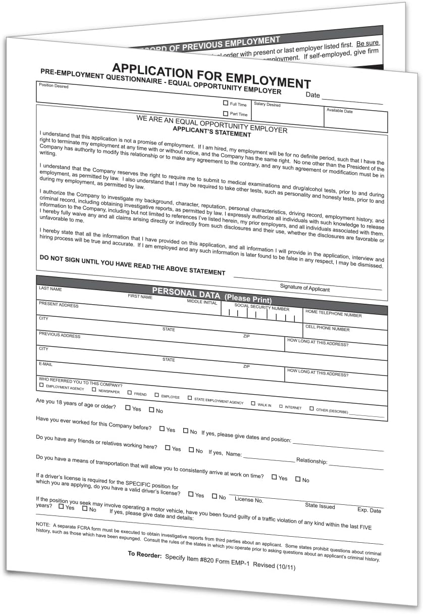 Amazon.com : Application for Employment Form EMP-1 – 4 Page Job ...