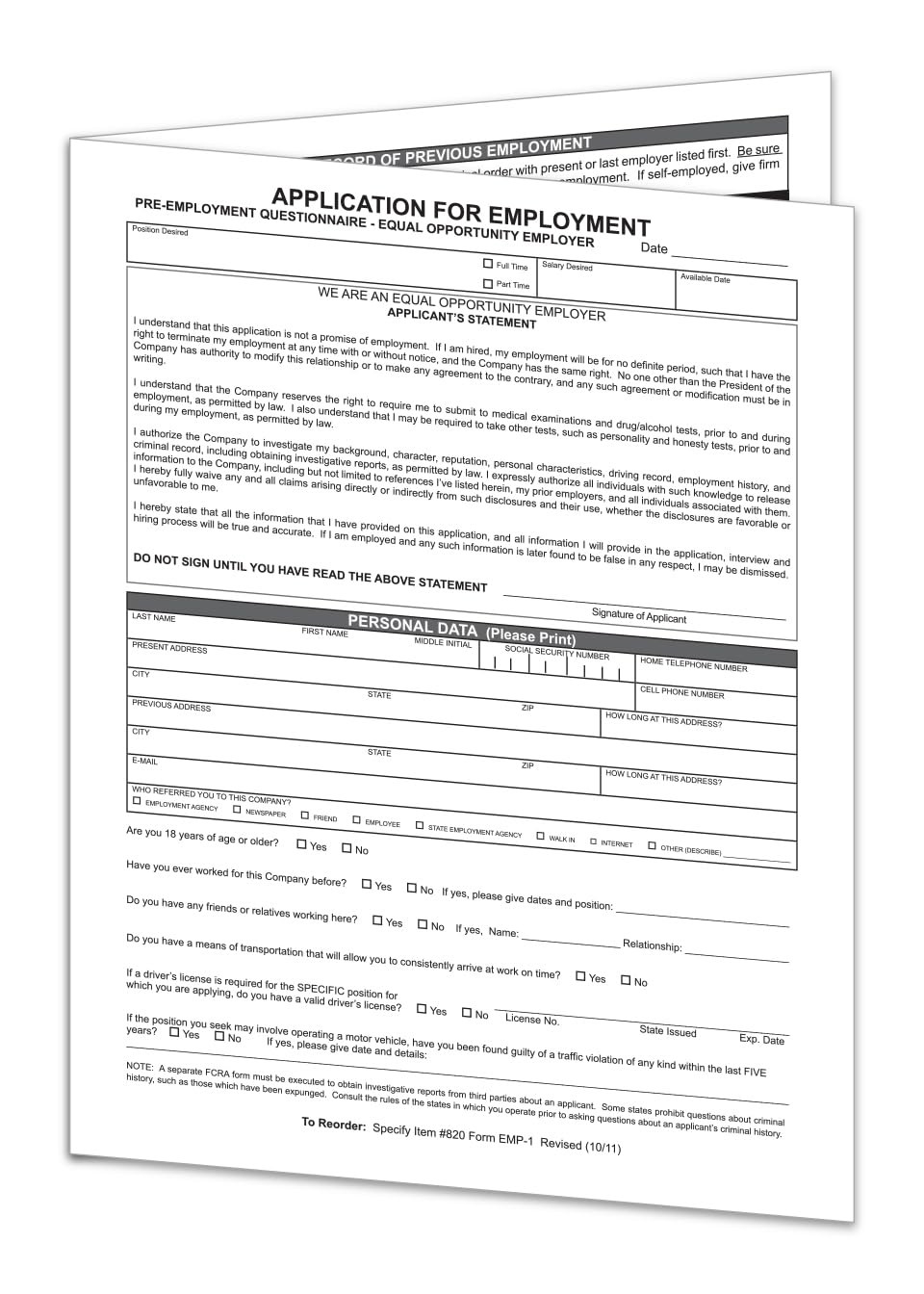 Application for Employment Form EMP-1 – 4 Page Job Application Forms 8.5 x 11, EEOC Compliant Hiring Forms for HR Departments & Small Businesses, 1-