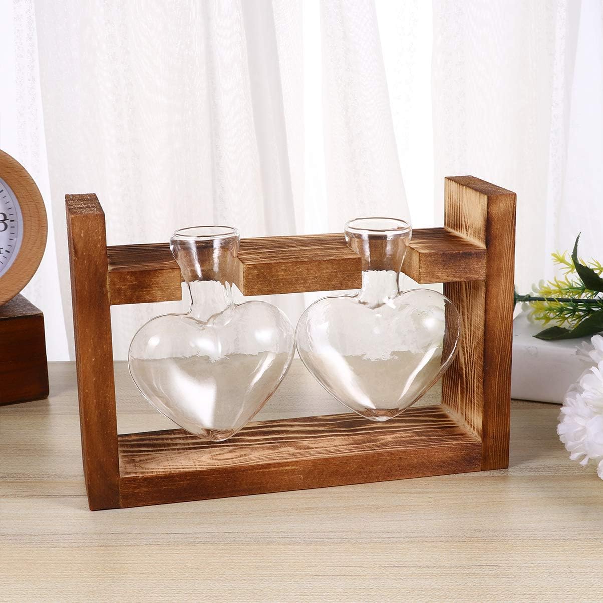 Yardwe Air Plant Pots 1PCS Plant Terrarium with Wooden Stand, Heart Shape Desktop Glass Planter Flowerpot Bulb Vase for Hydroponics Plants (2 Bulb Vase) Glass Terrarium Container