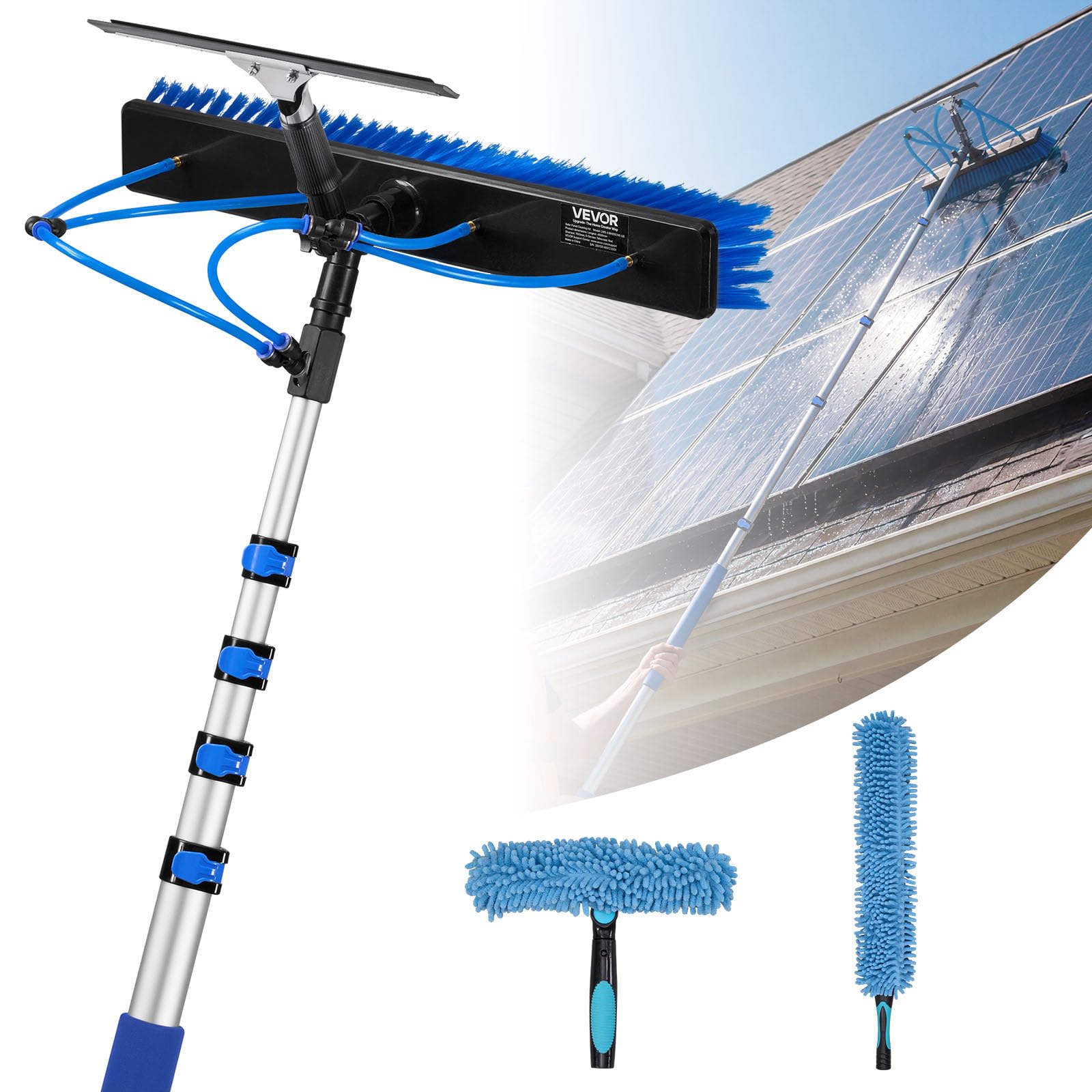 VEVOR Kit di Pulizia per Pannelli Fotovoltaici, 4,​6 m, Spazzola 2 in 1 con Asta Telescopica per Lavaggio di Pannelli Solari, con Tergivetro, Dispenser di Sapone, Asta in Alluminio, Testa Ruotabile