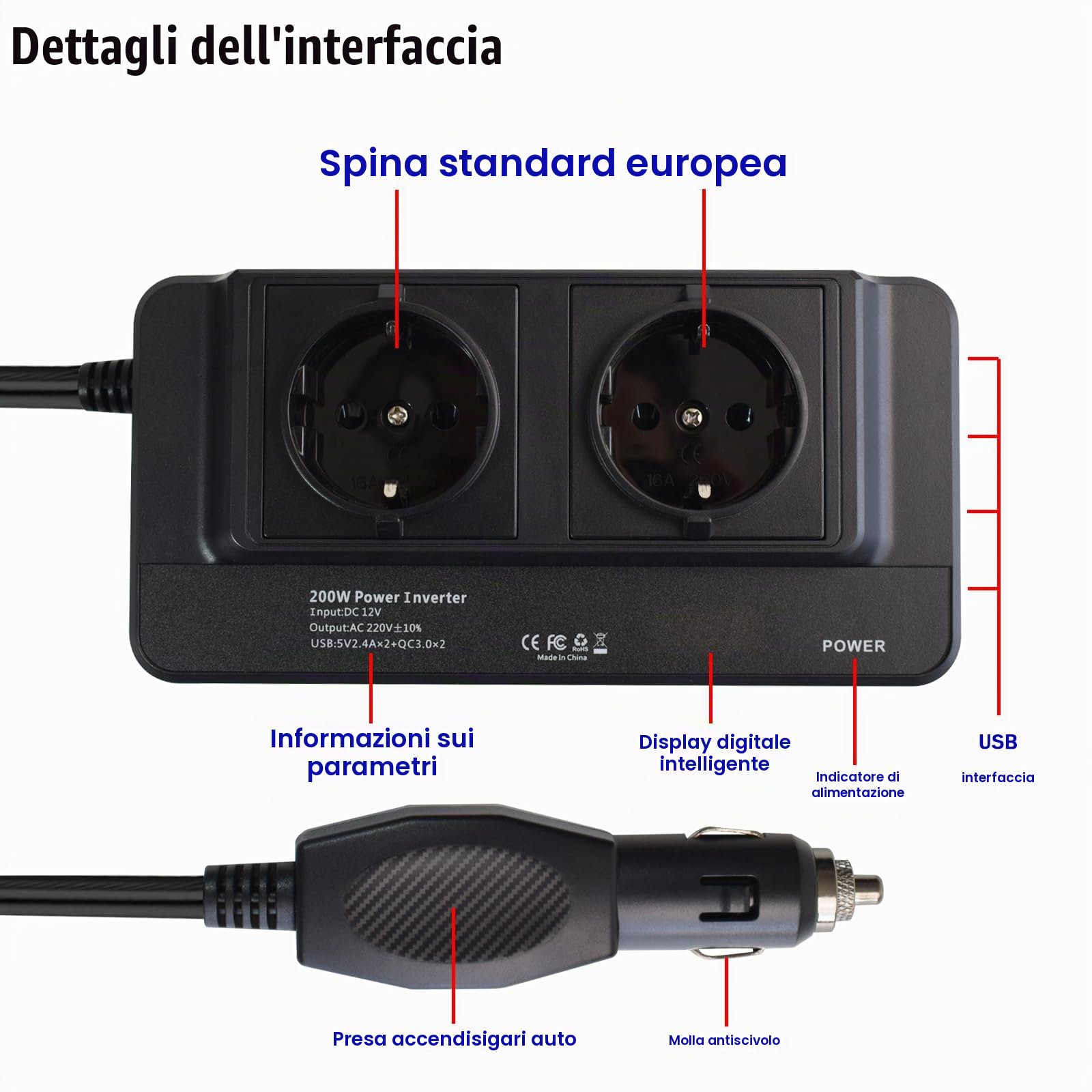 200W Inverter 12V a 220V Convertitore Potenza Onda Modificata - Ricarica Rapida, Protezione Multipla, 2 Prese CA, 4 Porte USB, Display Digitale per Auto, Camper, Campeggio, Lavoro in Movimento