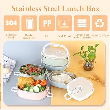 Lunch Box, Portable Stainless Steel Insulated Thermal Food Container Stackable Thermal Compartment Lunch Box for Student Children Work(3 Layer)