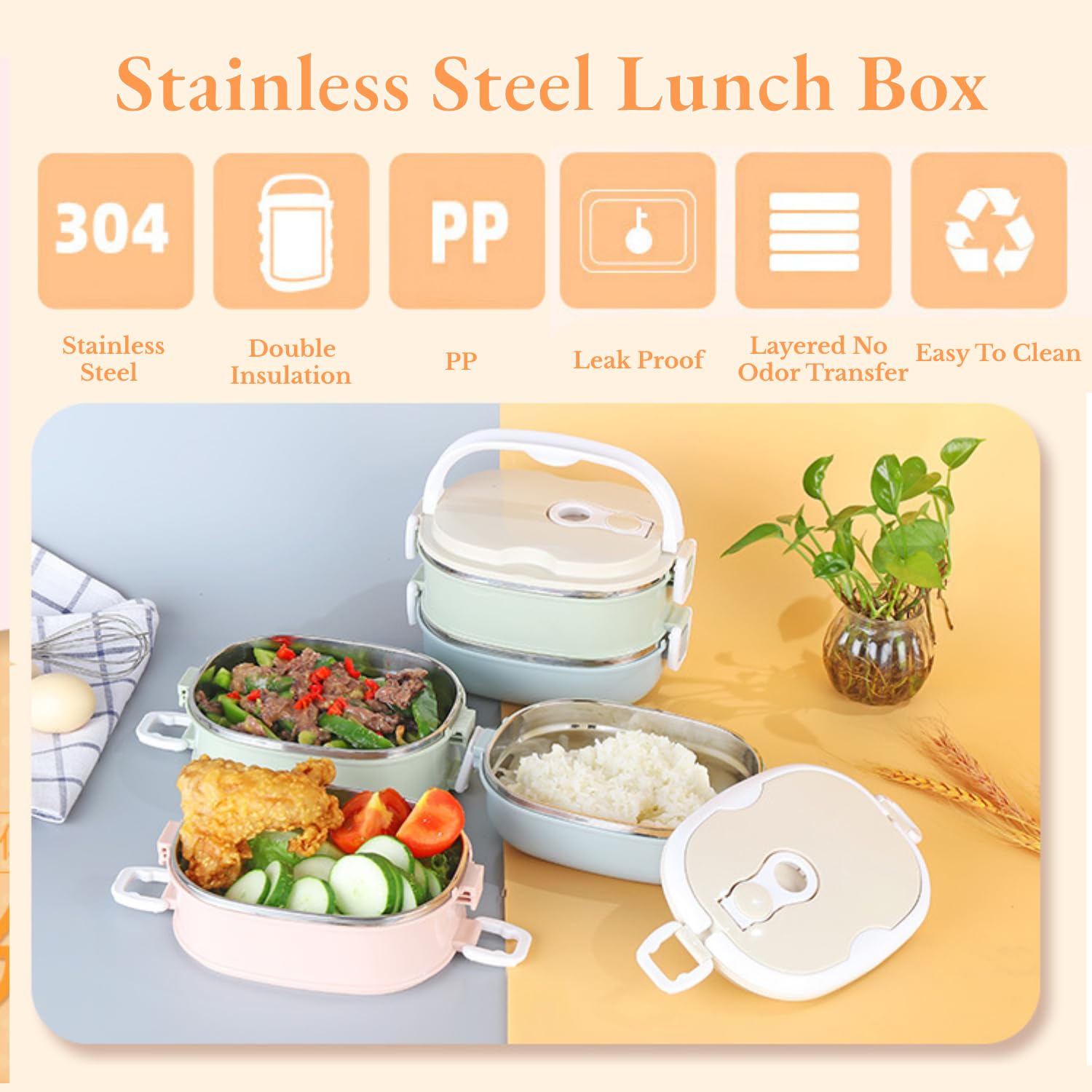 Boite Lunch Box, Boîte à Lunch Thermique, Conteneur Alimentaire Thermique Isotherme Portable en Acier Inoxydable pour Les Enfants Etudiants(Three Floors)