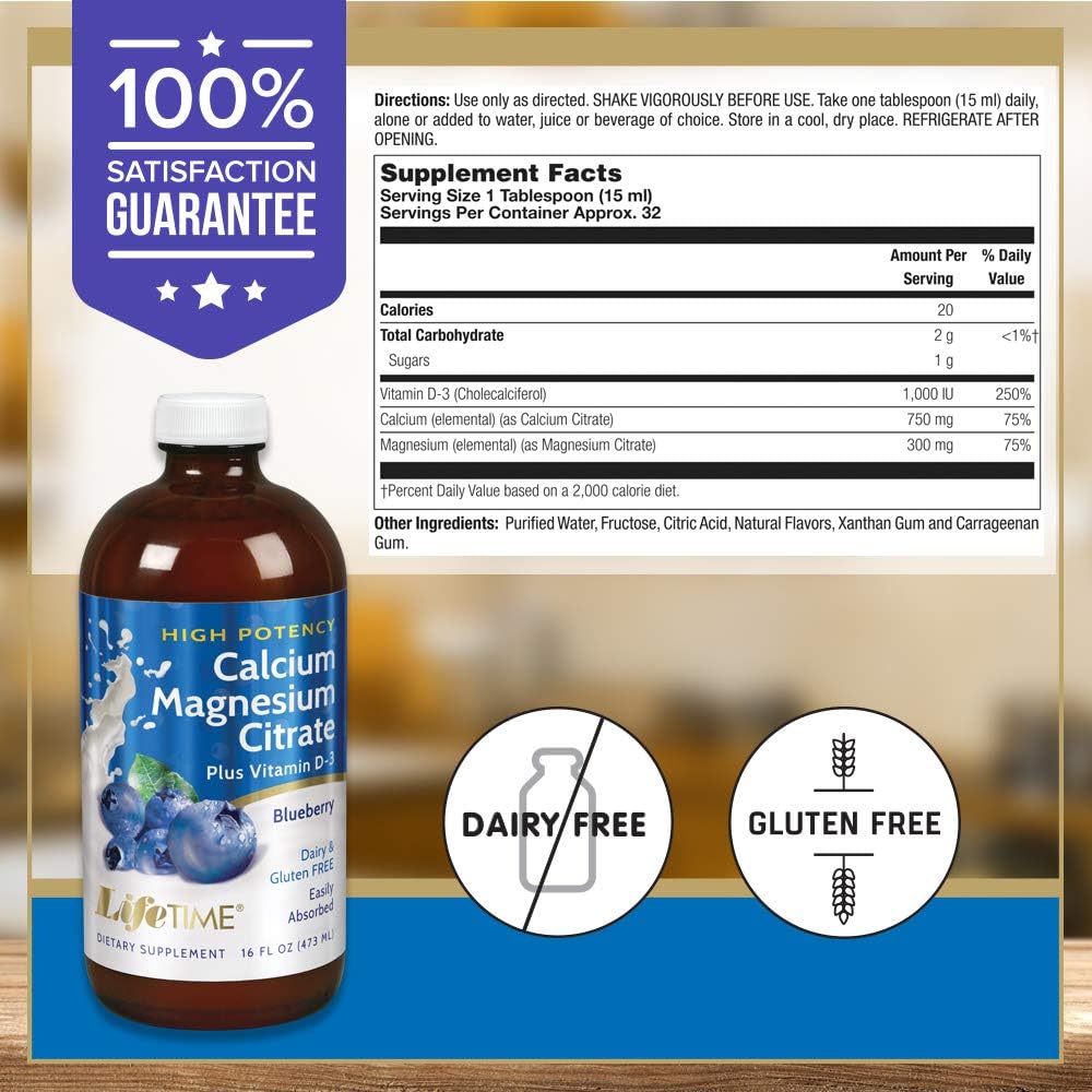 Lifetime High Potency Calcium Magnesium Citrate w/Vitamin D-3 | Bone & Muscle Support | Easy Absorption, Dairy & No Gluten | Blueberry | 16 FL oz