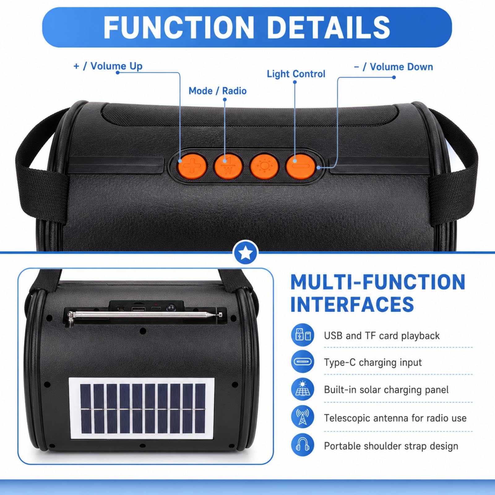Altoparlante, grande boombox Bluetooth portatile con batteria ricaricabile, con funzione solare e radio, fino a 20 ore di autonomia, USB-C, ingresso AUX integrato, nero