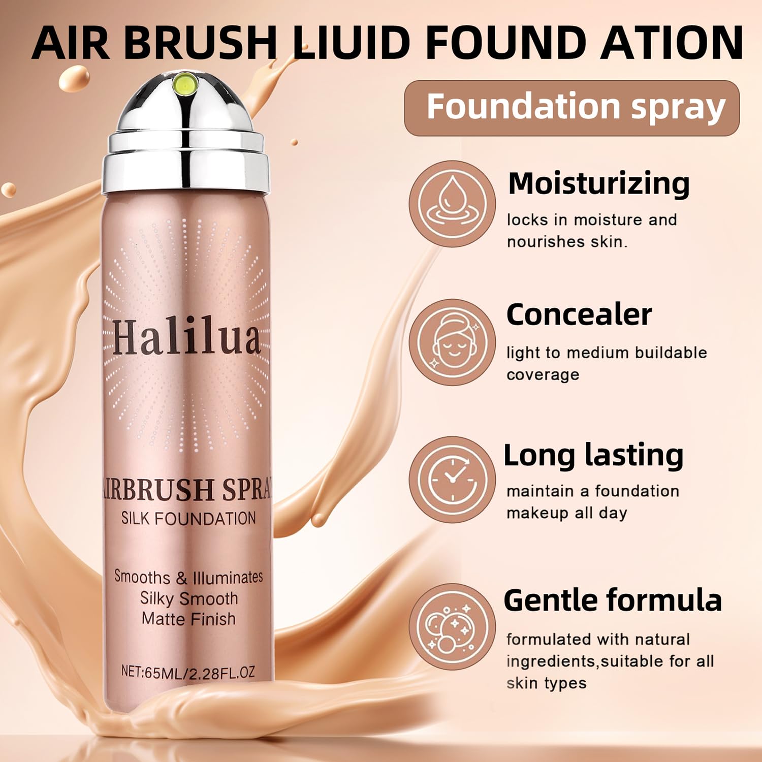 Airbrush Foundation Spray with Primer, Buildable Full Coverage Waterproof Foundation Makeup for Smooth Radiant Finish, Silk Air Brush Flawless Setting Spray for Flawless Finish (2Natural) - Image 4