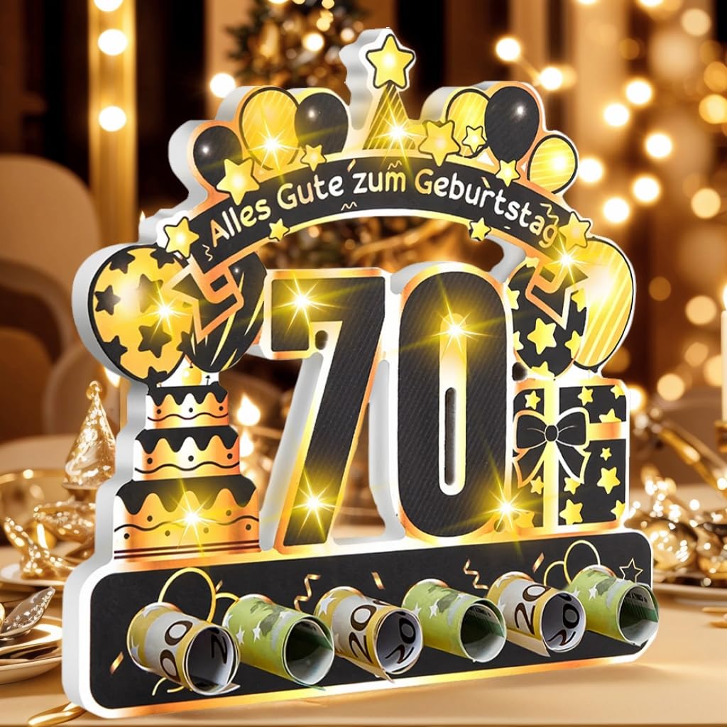 kiimiipa 70.Geburtstag Geldgeschenk,70.Geburtstag Mann Frau mit LED Lichterkette,Geschenke zum 70 Geburtstag,70 Geburtstag Deko Geldgeschenke,70 Jahre Geburtstag Geld Geschenk Tisch Party (70)