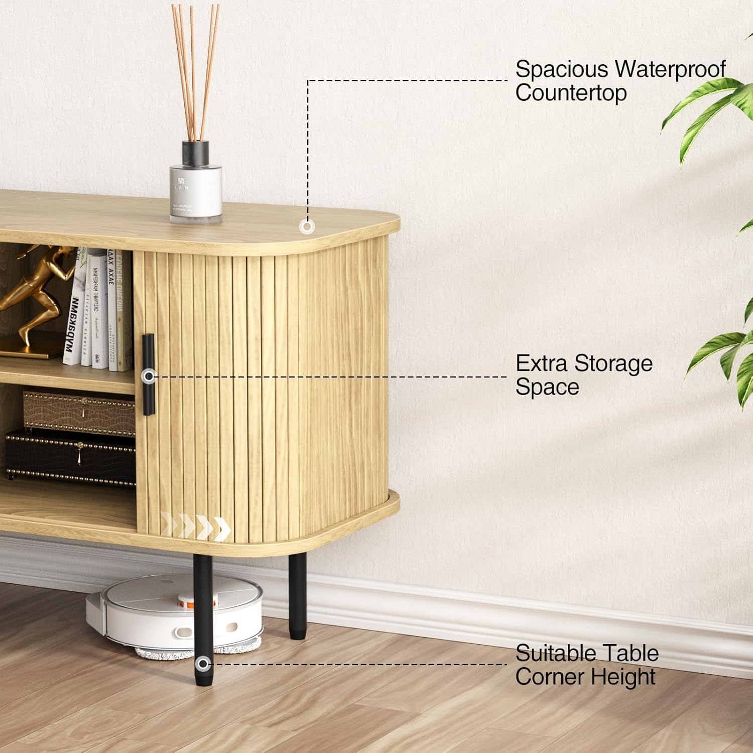 47''W Storage Cabinet, Fluted Sideboard Buffet Cabinet with Storage, Console Table Credenza with Tambour Slatted Sliding Doors and Shelves, TV Stand for Living Room, Kitchen, Entryway, Natural