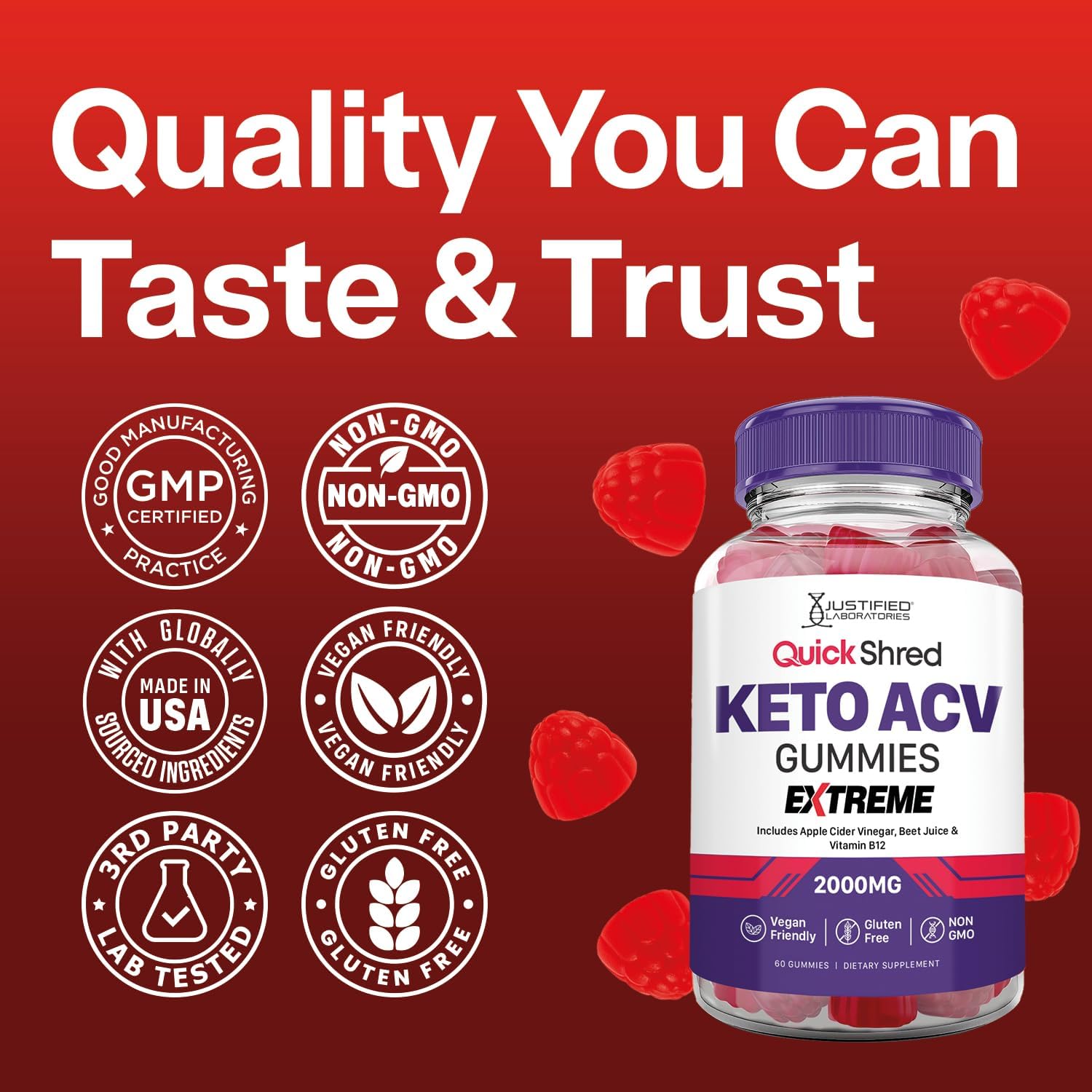 Justified Laboratories Quick Shred Keto ACV Gummies Extreme Advanced Formula 2000MG Apple Cider Vinegar Gummies with Pomegranate Beet Juice Powder & B12 Vegan, Non-GMO 60 Gummys