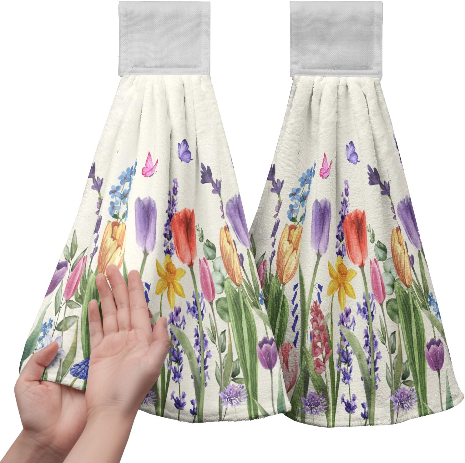 Tulip Kitchen Towels with Loops Spring Floral Tulips Lavender Hanging Hand Towel Set of 2 Summer Flower Butterfly Dish Towels Washcloths Super Absorbent Soft Hang Towel Bath Tie Towel