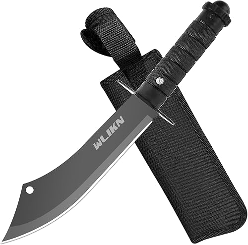 Wlikn Cuchillo de hoja fija con funda, cuchillo Bowie de supervivencia de hoja de un solo filo fuerte con mango antideslizante, para camping, caza y