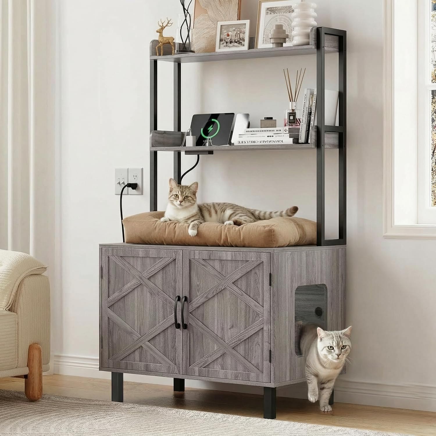 ONBRILL 55 Inches Cat Litter Box Enclosure with 2 Storage Shelves, Grey