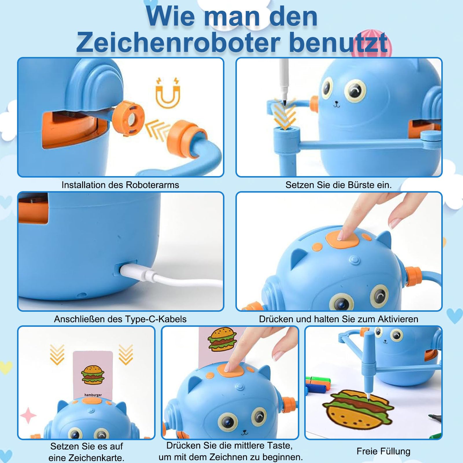 Topiky Magic Zeichenroboter für Kinder ab 3+, Malroboter für Kinder, Interaktiv mit 100 Lernkarten & Stiften – Pädagogisches Mal-Spielzeug (Blau)