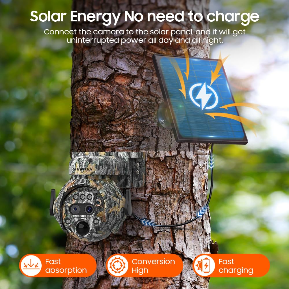 SHIWOJIA 12X Zoom 4G Telecamera SIM Esterno, 6MP 360° PTZ Fotocamera da Caccia Camuffare 4G LET Solare, Rilevamento PIR, Notturno Colore, Audio Bidirezionale