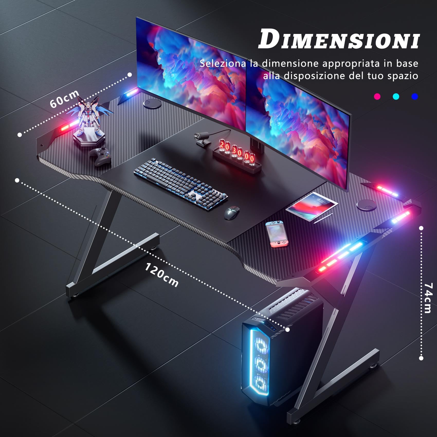 HLFURNIEU Scrivania Gaming LED 120 x 60 cm, Scrivania Gamer con Piano in Fibra di Carbonio, Postazione Gaming Ergonomico con Porta Bicchiere e Gancio per Casco, Tavolo Computer Nero
