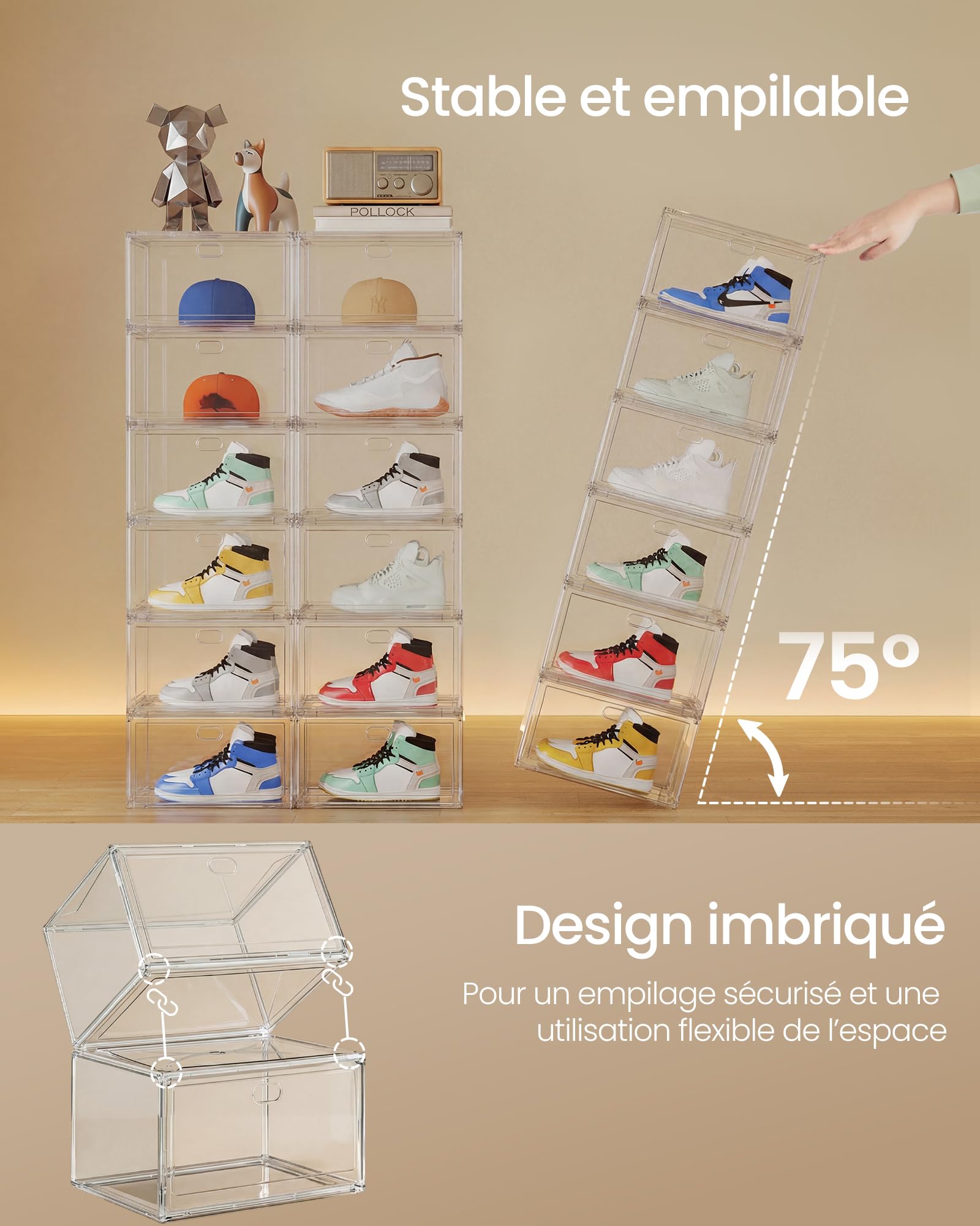 SONGMICS LSP703WH02 Lot de 3 boîtes à chaussures empilables transparentes, organiseurs pour chaussures, jusqu'à la taille 47, porte magnétique, en plastique, lot de 3