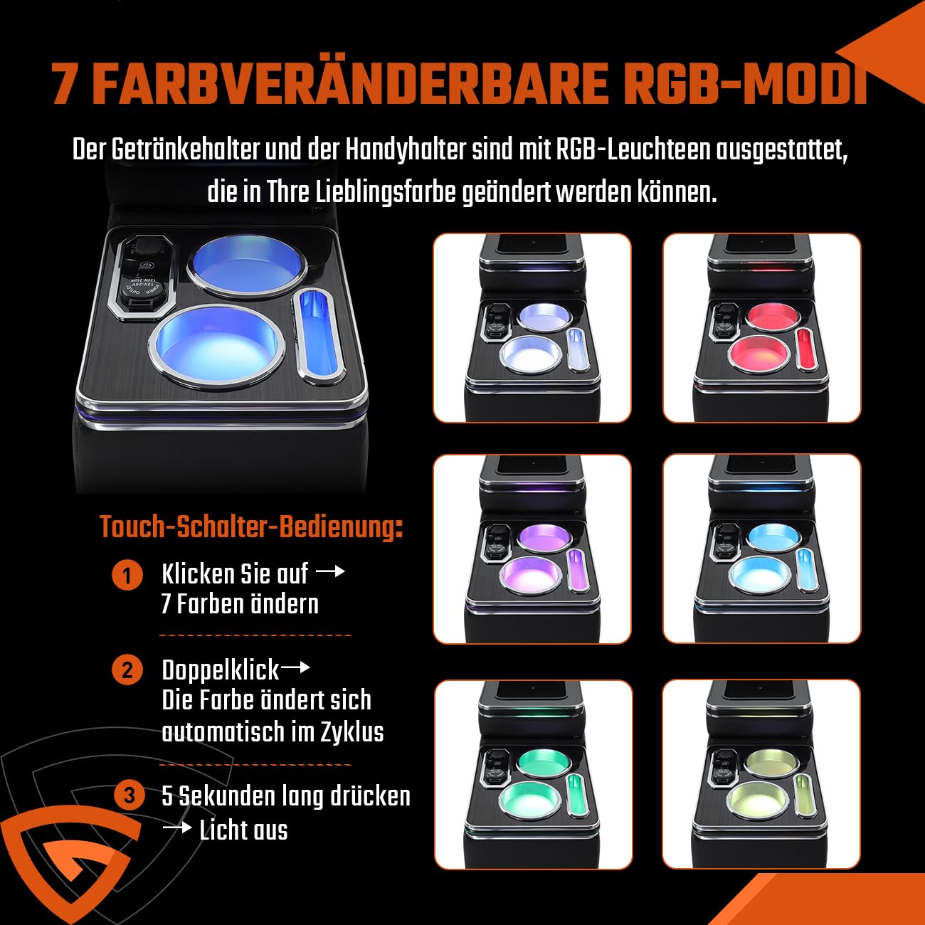 GEARMONSTER Mittelkonsole mit USB Aufladestation und Getränkehalter für VW T4 T5 T6 T6.1 T7 | 7-farbige Ambientebeleuchtung, Schwarzes Kunstleder mit Chrom-Zierleisten, Zigarettenanzünder, Praktischer Taschentuchhalter