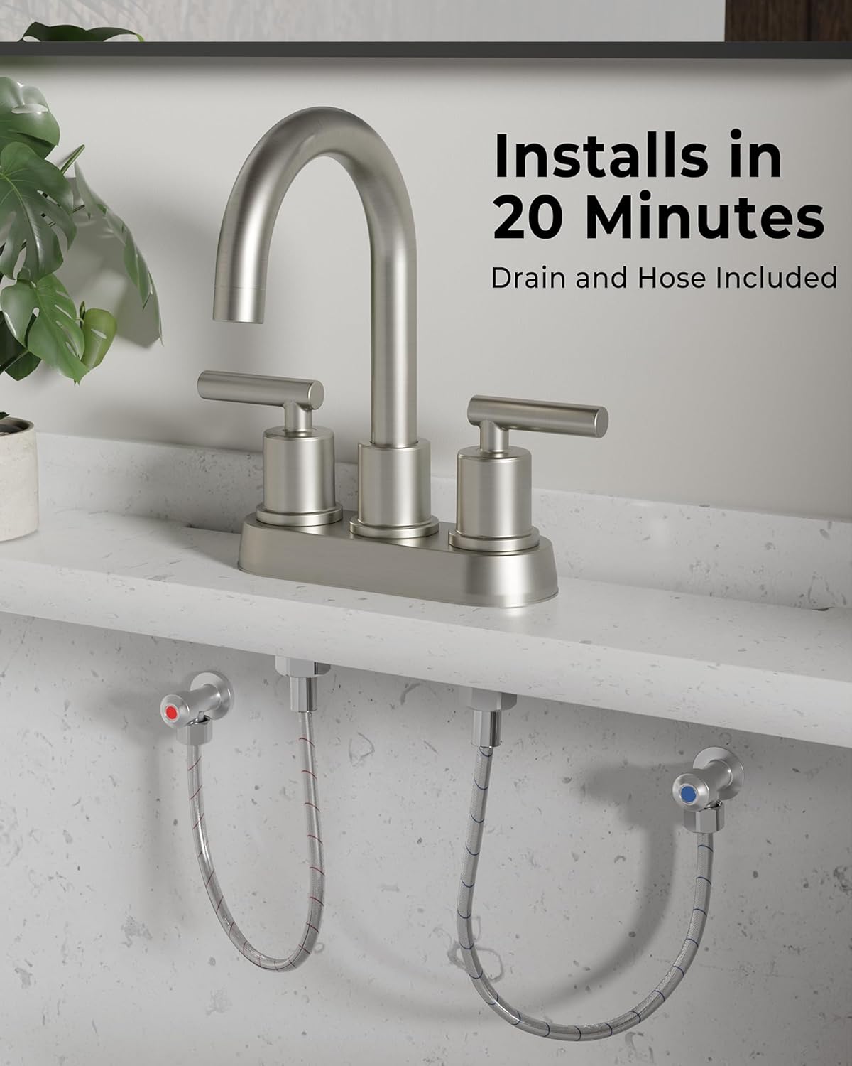 VXV Bathroom Sink Faucet 4 Inch 2 Handle Centerset Modern 360 Rotating Brushed Nickel Water Faucet with Pop-up Drain Stopper Assembly Supply Line Fits 2 Hole