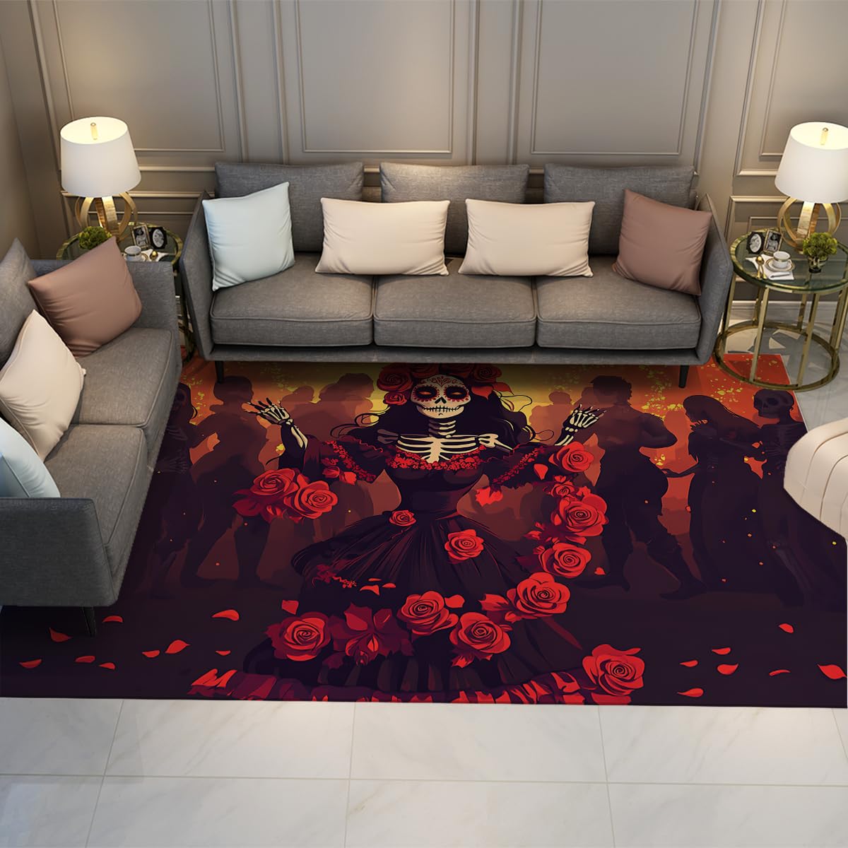 Tapis mexicain festival 140x200cm squelette rose mince lavable pour décoration salon