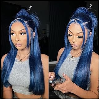 Peluca Sintética Peluca azul recta 13X4 peluca con malla frontal 8-26 "pelucas de cabello humano de color brasileño for mujeres pelucas frontales de encaje transparente prearrancado peluca cosplay ( S