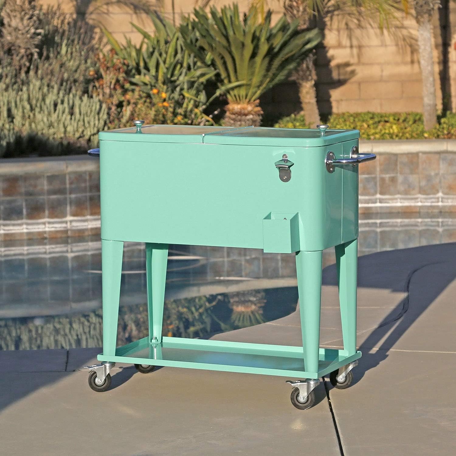 80 Qt. Retro Rolling Cooler Ice Chest Cart with Shelf & Bottle Opener - Great for Outdoors, Patios, Decks, Parties, Backyards